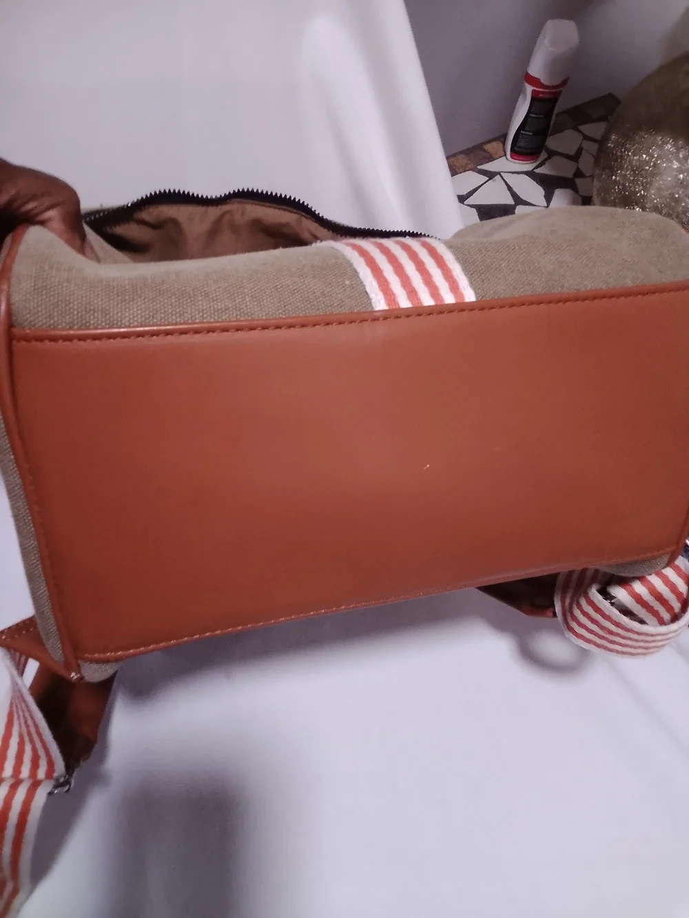 Unbranded Khaki Canvas Backpack with Red-White Stripe